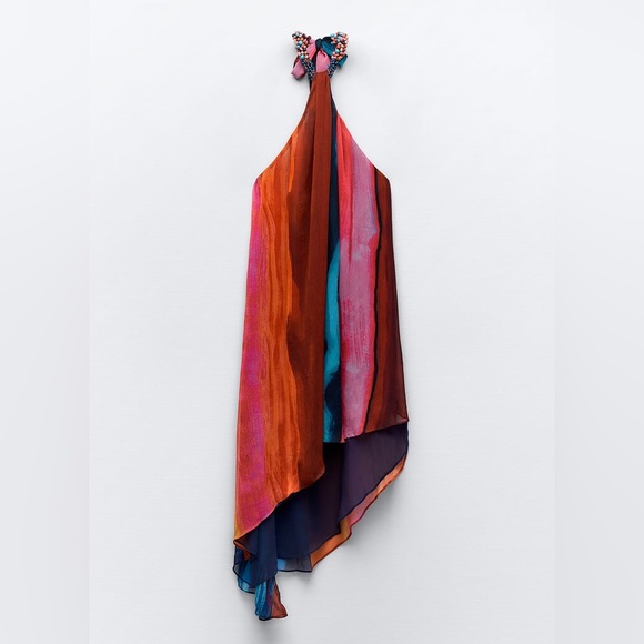 Zara BEADED HALTER multicolored print open back asymmetric hem DRESS sz.XS - Picture 11 of 17